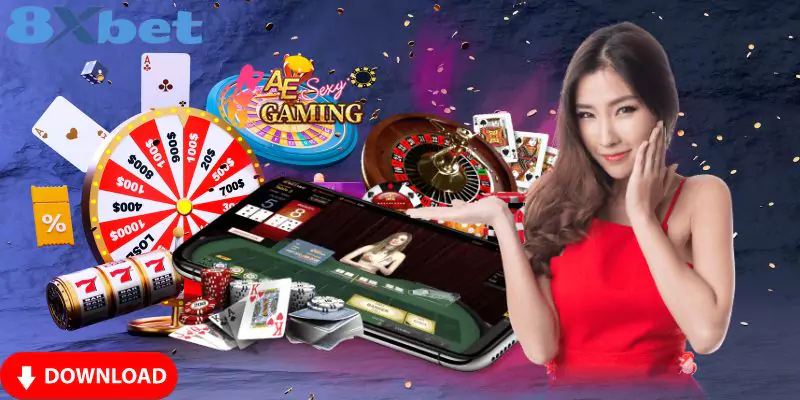 Cô gái thanh lịch quảng cáo ứng dụng 8xbet được bao quanh bởi các trò chơi sòng bạc, phần thưởng và tiền thưởng độc quyền